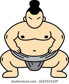 A cartoonish drawing of a man in a sumo suit. The man is squatting and has a serious expression on his face