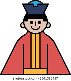 A cartoonish drawing of a man wearing a robe and a hat