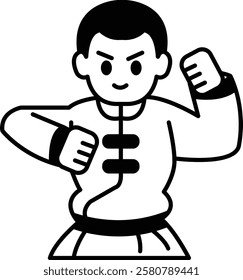 A cartoonish drawing of a man in a white shirt and black pants with his arms crossed and fists clenched