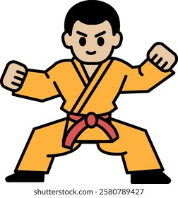 A cartoonish drawing of a man in a yellow karate uniform with red belt. He is standing with his hands on his hips and looking angry