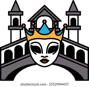 Un dibujo caricaturesco de una máscara con una corona en la parte superior. La máscara es blanca y la corona es azul. La Imagen es de un puente con un castillo al fondo