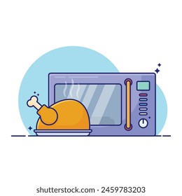 A cartoonish drawing of a microwave with a piece of chicken on top of it. The chicken is surrounded by steam, and the microwave is set to a timer. Concept of warmth and comfort