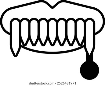 Un dibujo caricaturesco de una boca con dientes. Faltan los dientes y la lengua está colgando
