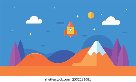 A cartoonish drawing of a rocket flying through the sky above a mountain range. The sky is blue and dotted with stars