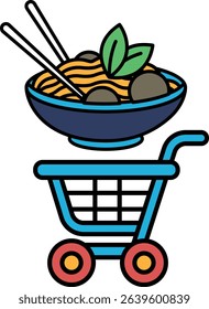 A cartoonish drawing of a shopping cart with a bowl of noodles and chopsticks on top. The bowl of noodles is surrounded by a green leaf, and the shopping cart is blue and white