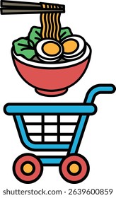 A cartoonish drawing of a shopping cart with a bowl of ramen noodles and eggs on top of it