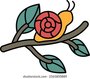 A cartoonish drawing of a snail on a branch. The snail is surrounded by leaves and has a red and yellow shell. The image has a playful and whimsical mood, as it is a simple