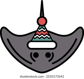 A cartoonish drawing of a stingray with a hat on its head. The hat is red and green and has a white stripe. The stingray is smiling and he is having a good time