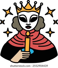 Dibujo caricaturesco de una mujer sosteniendo una vela con una corona en la cabeza. El dibujo tiene un sentimiento caprichoso y juguetón, con la cara de la mujer y la corona añadiendo un sentido de fantasía y magia