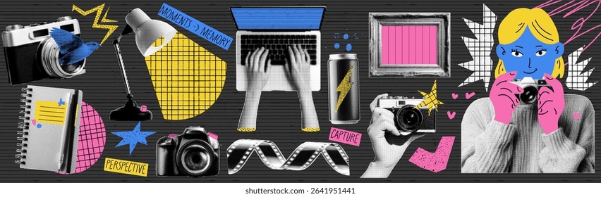 A cartoonish drawing of a woman with a pink scarf and a blue shirt. The drawing is filled with various objects such as a camera, a remote, a book, and a cell phone