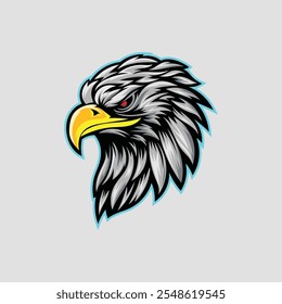 A cartoonish eagle with a menacing look on its face. The eagle is surrounded by blue and white colors