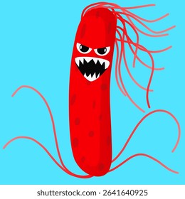 Cartoonish Evil Red Bacterium Illustration With Aggressive Expression and Tentacle-Like Appendages