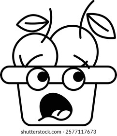 A cartoonish face with a basket of fruit on its head