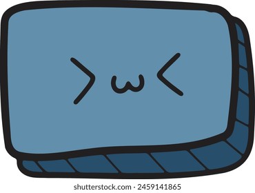 A cartoonish face with a big smile and two big eyes. The eyes are closed and the mouth is open