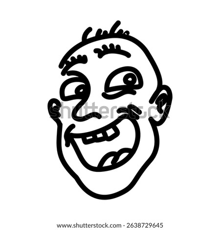 Cartoonish face with exaggerated features, wide grin, and quirky