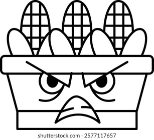 A cartoonish face with a frowning expression and a pot with corn