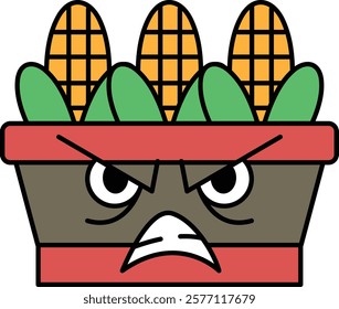 A cartoonish face with a frowning expression and a red pot with corn
