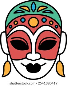 A cartoonish face with a red and green mask on it. The mask is decorated with beads and has a black nose. The face is smiling and has a happy expression