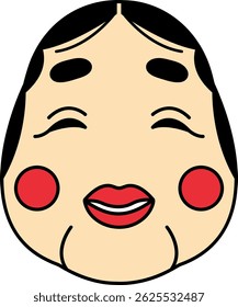 A cartoonish face with red lips and a red dot on the forehead. The face is smiling and has a happy expression