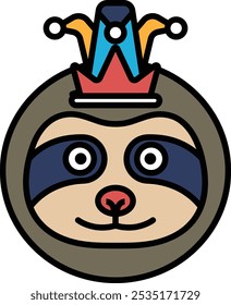 A cartoonish face with a sloth hat and a crown. The face is smiling and has a playful, whimsical vibe