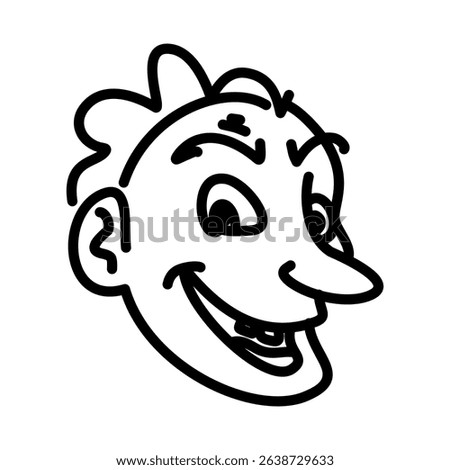 Cartoonish face with a wide grin and prominent nose, outlined in