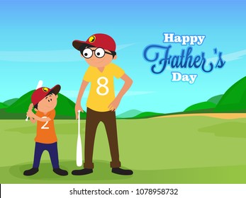 Cartoonish, father and son duo all set to play baseball on nature background. 