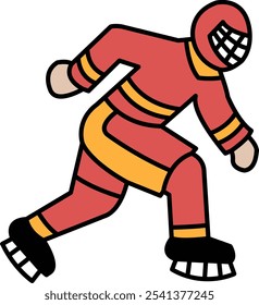 A cartoonish figure in a red and orange outfit is running on ice skates. The skates are visible on the bottom of the image