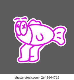 Cartoonish fish with legs and crossed-out eyes, outlined in vibrant magenta, on a gray background