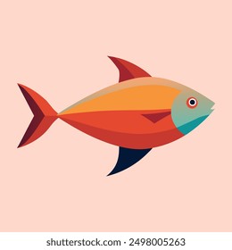 Un pez caricaturesco con cola roja y cuerpo naranja. El pez está nadando en un fondo rosado