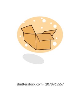 Cartoonish Flying Package: Illustration of a hand-drawn open cardboard box surrounded by bubbles on a white background. Perfect for adding a touch of whimsy to your packaging visuals