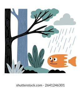 Cartoonish forest scene with rain and a fish.