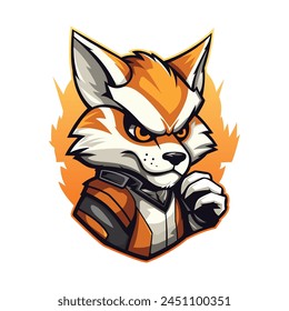 cartoonish fox red and orange outfit menacing look on its face clever mascot gaming logo