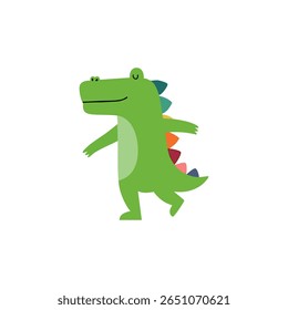 Um crocodilo de aparência amigável e cartunesco com uma colorida e espetada cauda de dinossauro