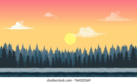 Cartoonish game forest background with sunrise.