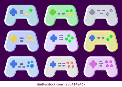 Cartoonish gamepad collection with different button layout. Colorful video game controller designs.