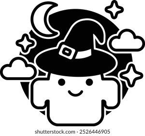 Un fantasma caricaturesco con un sombrero y una cara sonriente. El fantasma está rodeado de nubes y una luna creciente