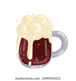 A cartoonish glass of dark, foamy beer. Vector graphics.