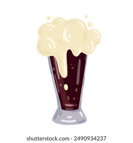 A cartoonish glass of dark, foamy beer. Vector graphics.