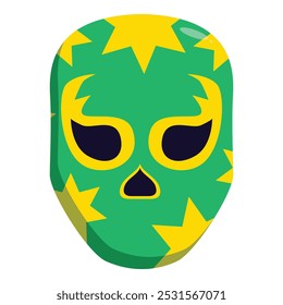 Cartoonish green luchador mask with a yellow pattern, looking straight ahead