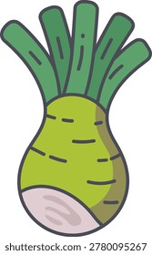 Cartoonish green root vegetable with green stalks and white base