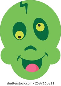 Cartoonish green zombie face with exaggerated features, large uneven eyes with yellow pupils, a small nose, and a wide open mouth with a pink tongue sticking out. Undead, playful, humorous