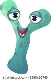 Cartoonish illustration of a funny turquoise monster with big eyes and a wide smile representing the letter Y of the alphabet, perfect for children s books or educational materials