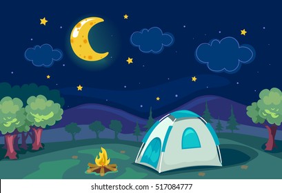 Ilustración de un campamento de montaña con una tienda de campaña con una buena vista de la luna y las estrellas