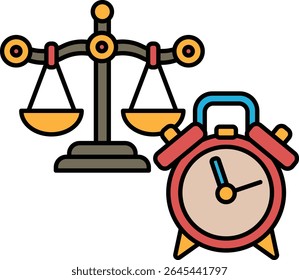 Uma ilustração em quadrinhos de uma escala e um relógio. A escala é ajustada em um equilíbrio, com o relógio no lado direito. O relógio é ajustado às 9:00