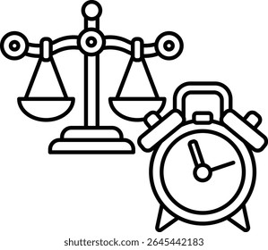 Uma ilustração em quadrinhos de uma escala e um relógio. A escala é ajustada em um equilíbrio, com o relógio no lado direito. O relógio é ajustado às 9:00