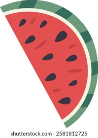 Cartoonish illustration of a slice of watermelon with visible seeds, rind and pulp, isolated on white background, representing summer, freshness and healthy eating