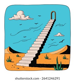 Cartoonish illustration of a staircase leading upward into a sky, over a desert landscape.