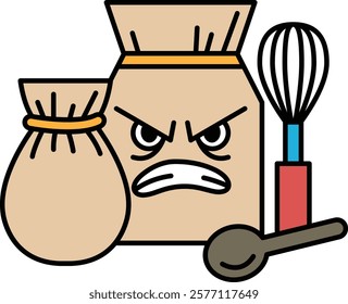 A cartoonish image of a bag of flour with a whisk and a spoon next to it