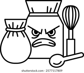 A cartoonish image of a bag of flour with a whisk and a spoon next to it