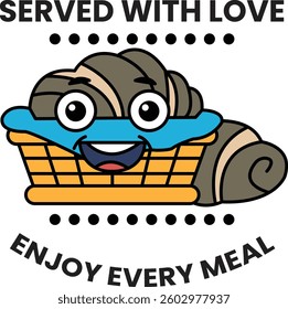 A cartoonish image of a basket of laundry with a smiling face on it. The image is titled "served with love" and is meant to convey a sense of warmth and care
